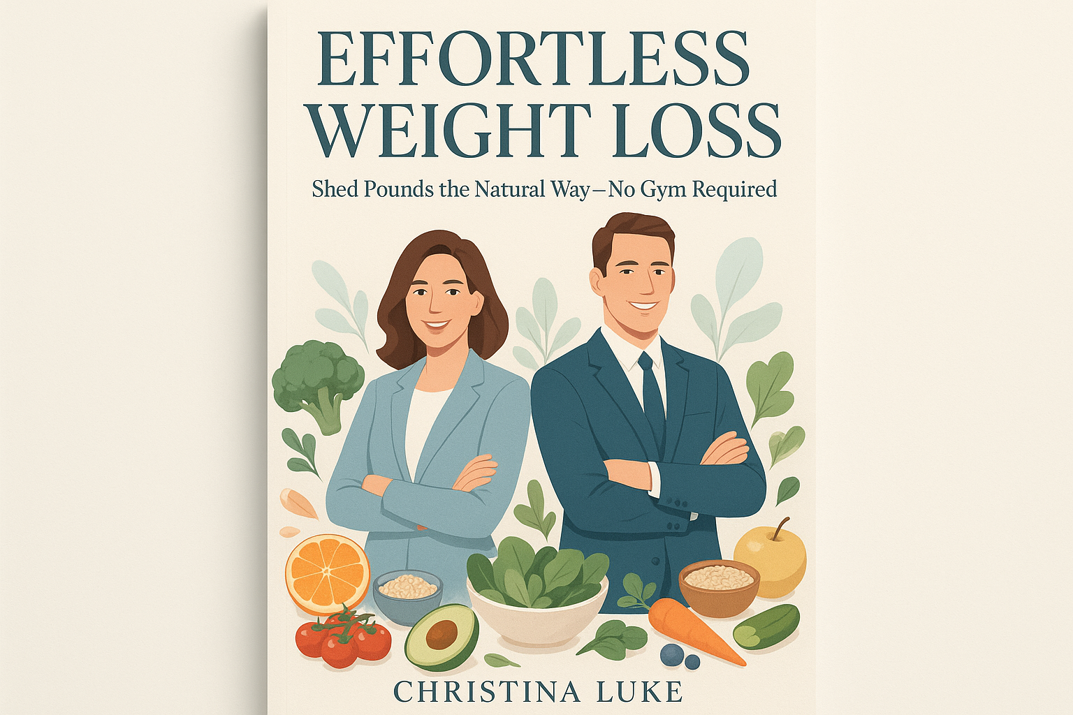 A4 ebook cover: Title 'EFFORTLESS WEIGHT LOSS', Subheading 'Shed Pounds the Natural Way — No Gym Required', Author 'CHRISTINA LUKE'. Clean, aesthetic design with soft colors. Include well-dressed confident individuals (no exposed skin), healthy food, and fruits. Text clear and elegant. Motivational, professional, images only."